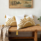 Boho Throw Pillow Covers 12x20 Inch Sun Tufted Lumbar Pillow Covers with Tassels, Bohemian Farmhouse Decorative Cushion Cover for Couch Sofa Bedroom Living Room Home Decor (Yellow-Thin)