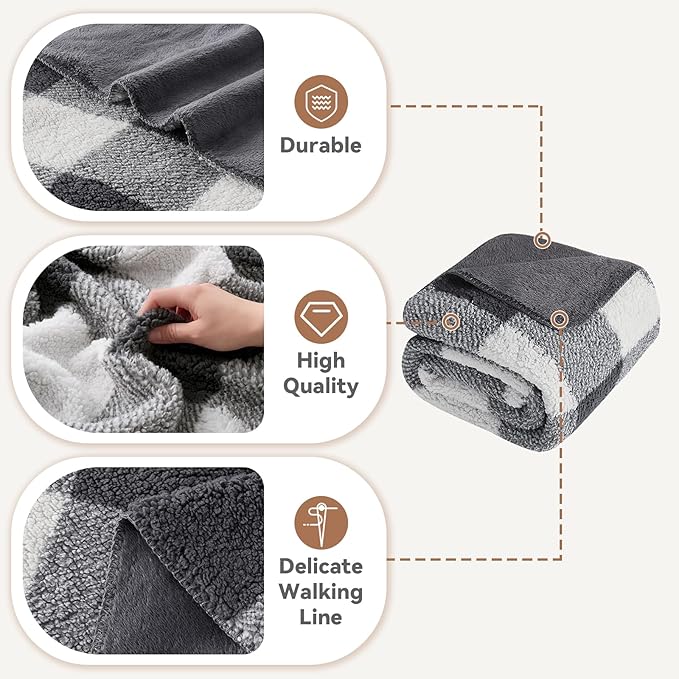 LURKA Checkered Sherpa Fleece Throw Blanket – Soft and Cozy, Medium Weight for All Season, Oversized Plush Throw for Couch, Bed & Pets, Smoke Grey, 90x90 Inches