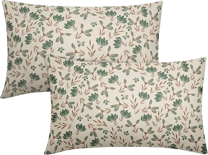 Brown Green Floral Pillow Covers 12x20 Set of 2 Vintage Rustic Old Style Cute Small Flower Print Rectangle Decorative Outdoor Pillowcases Farmhouse Throw Cushion Case Decor for Couch Sofa Bed