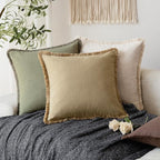 Foindtower Set of 2 Decorative Linen Fringe Throw Pillow Covers Farmhouse Cushion Cover with Tassels Soft Accent Pillowcase for Couch Chair Sofa Bed Living Room Home Decor,24×24 Inch,Light Khaki Taupe