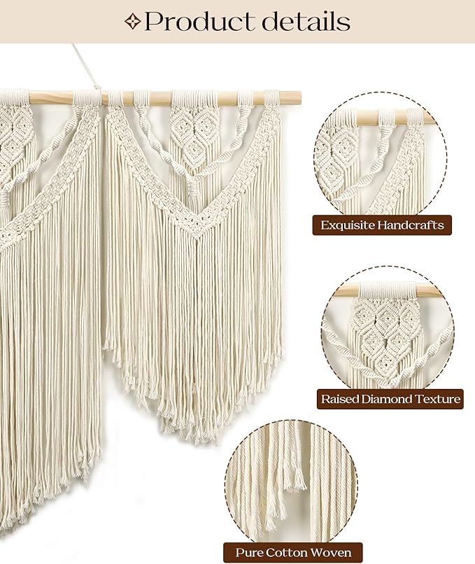 Tempospark Large Macrame Wall Hanging, 43" Wx32 L Boho Wall Hangings for Living Room Bedroom Nursery, Boho Chic Large Macrame Tapestry for Bedroom Wall Decor (Weave)