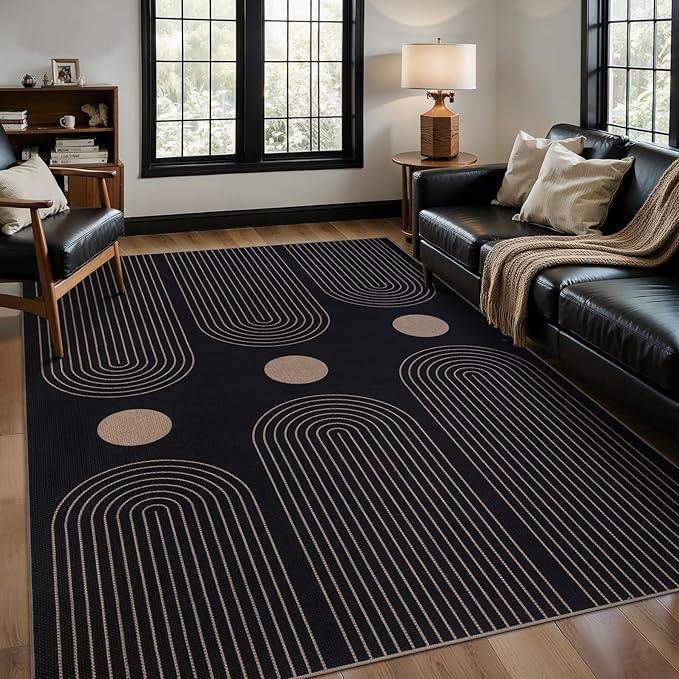 Tangsoo Rainbow Easy Jute 4x6 Washable Area Rug for Outdoor Patio,Black Non-Slip Thin Rug Farmhouse Indoor Floor Carpet,Boho Throw Mat for Front Porch Kitchen Bedroom Foyer Sunroom