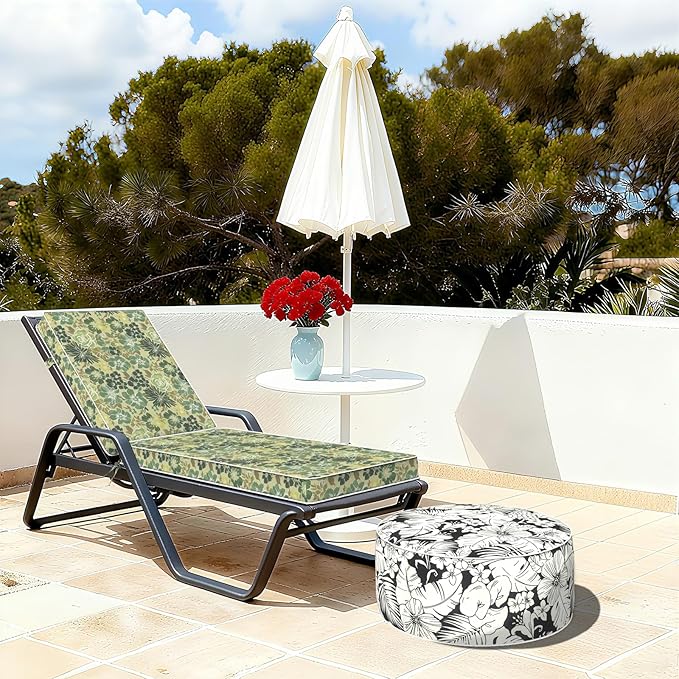 Indoor/Outdoor Inflatable Ottoman with Handle, Decorative Fade-Resistant Round Footstool D21 x H9 inch, Portable Ottoman Pouf for Patio Garden Camping, Tropical Blossom Noir