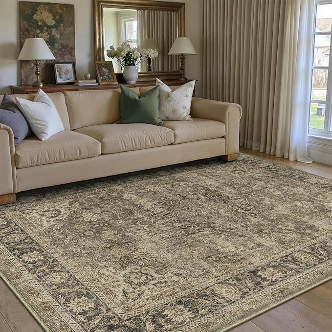 6x9 Washable Brown Area Rug Vintage Living Room Bedroom Carpet Non-Slip Soft Medium Pile Distressed Indoor Throw Rug for Dining Room Entryway Office
