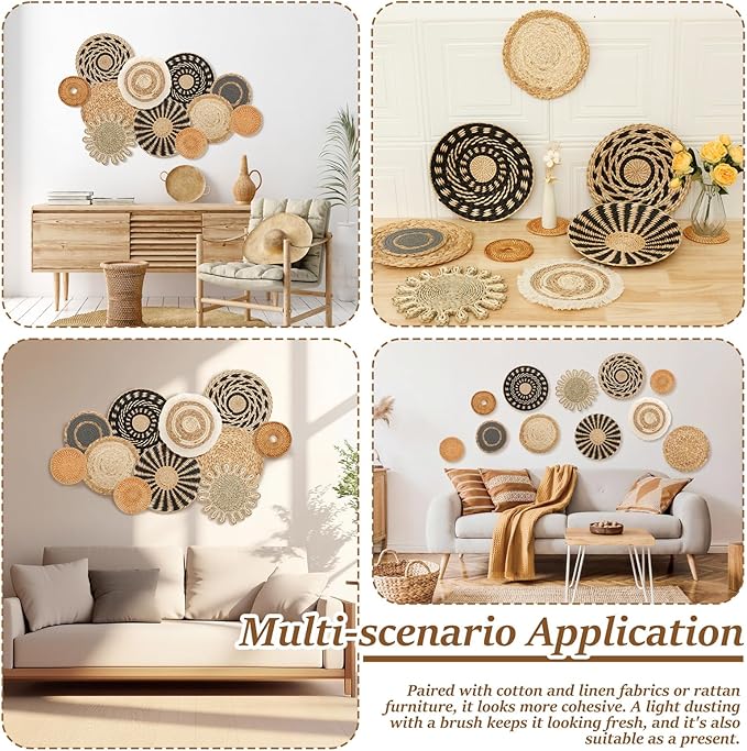 HJJWNDDNG 11 Pack Boho Wall Basket Decor Set, Hanging Woven Seagrass Rattan Wicker Boho Wall Decor, Round Farmhouse Wall Hanging Baskets Rustic Flat Wall Art for Living Room Bedroom Kitchen (Style 5)
