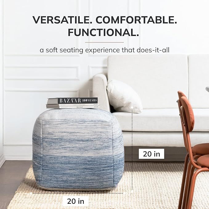 Anji Mountain Pouf Ottoman Foot Rest, Handmade Ottoman Pouf, Comfortable Foot Stool, Decorative Floor Seating for Living Room Decor, Bedroom & Home Décor Accent - Denim Sky