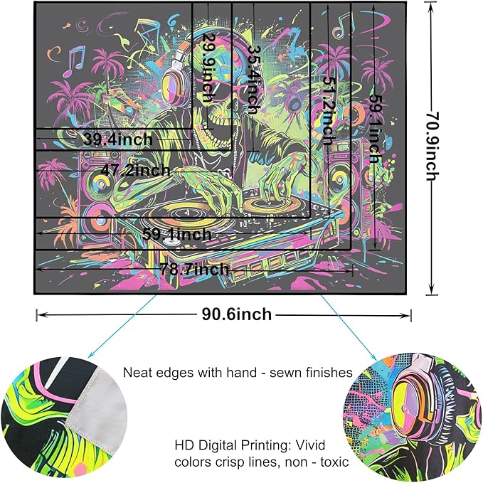 TUGCAY Blacklight Skull Tapestry Funny Skeleton Hip Hop Music Tapestry UV Reactive Gothic Hippie Tapestries Wall Hanging for Bedroom Dorm Game Room Decor(59.1 x 78.7 Inches)
