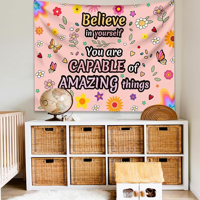 KJHL Pink Floral Motivational Tapestry Wall Hanging 44" x 60" Positive Affirmations Inspirational Kids Tapestries for Classroom Bedroom Dorm