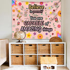 KJHL Pink Floral Motivational Tapestry Wall Hanging 44" x 60" Positive Affirmations Inspirational Kids Tapestries for Classroom Bedroom Dorm