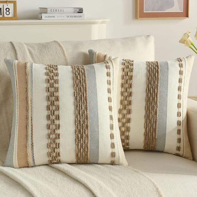 FUTEI Khaki Decorative Throw Pillow Covers 20x20 Inch Set of 2, Soft Tufted Striped Textured Accent Cushion Case,Boho Pillows for Couch Decor