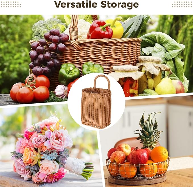 Hanging Wall Basket, Woven Imitation Rattan Storage Organizer, Decorative Door Basket, Plastic Kitchen Wicker Basket for Fruits, Vegetables, Flowers, Sundries