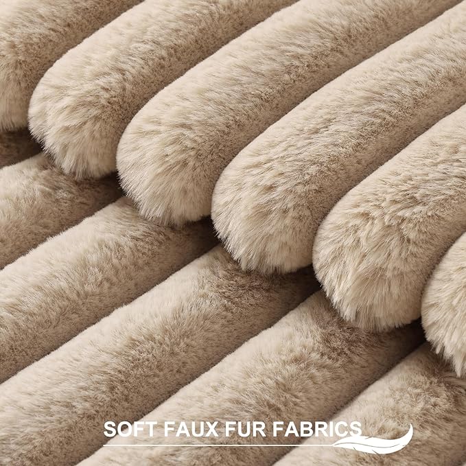 Pallene Faux Fur Plush Throw Pillow Covers 16x16 Set of 2, Luxury Soft Fluffy Striped Decorative Pillow Covers for Sofa, Couch, Living Room, Khaki