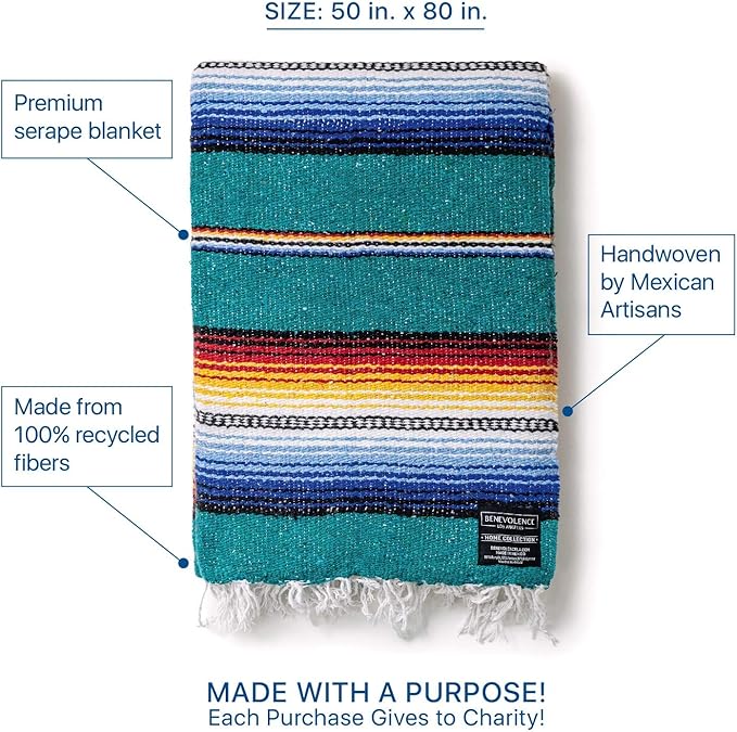 Benevolence LA Mexican Blanket, Authentic Handwoven Yoga Blanket & Outdoor Blanket, Made by Traditional Mexican Artisans, Saddle Blanket, Beach Blanket, Picnic Blanket, & Car Blanket 75 x 52 - Agua