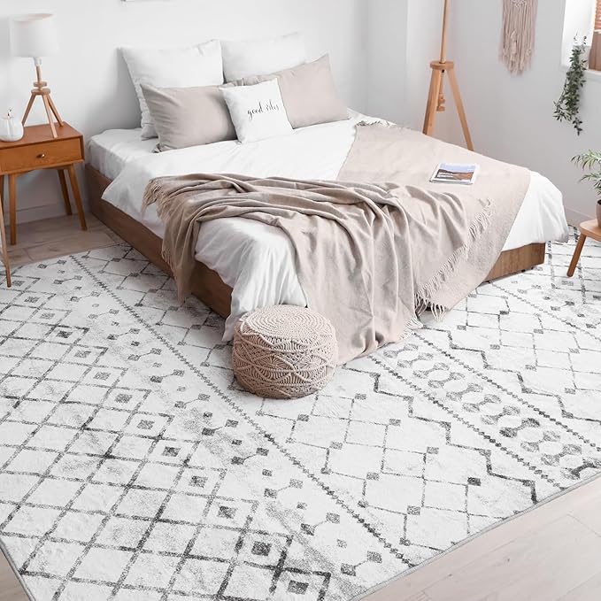 Lessymo 9x12 Area Rugs for Living Room, Neutral Area Rug Machine Washable Bedroom Rug, Modern Geometric Distressed Carpet, Non-Slip Rubber, Low Pile, Geometric Grey