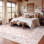 Area Rugs 10'x14' Washable Non-Slip, Floral Vintage Distress Print Pattern Medallion Carpet for Living Room Bedroom Dining Room, Pink Greypink Cute