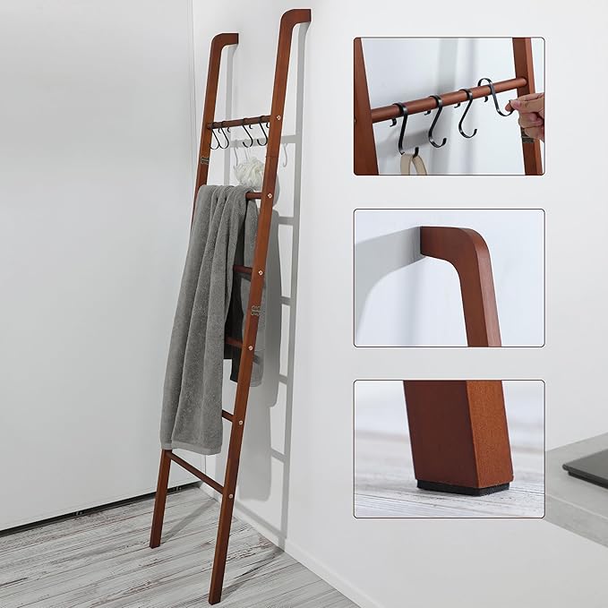 Taozun 6-Tier Wood Blanket Ladder for Living Room, Rustic Wooden Farmhouse Quilt Ladder with 4 S-hooks, 66-Inch Wall Leaning Throw Towel Rack, Space-Saving and Blanket Disply Rackfor Bedroom, Bathroom