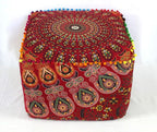 CRAFT KALA Large Hippie Mandala Meditation Floor Ottoman Pillow Cushion Pouf Cover Square Poufs Cover Bohemian Circle Floor Cushion Case Outdoor Fireplace Living Room Decor 22X22X14 inches, Red Mirchi