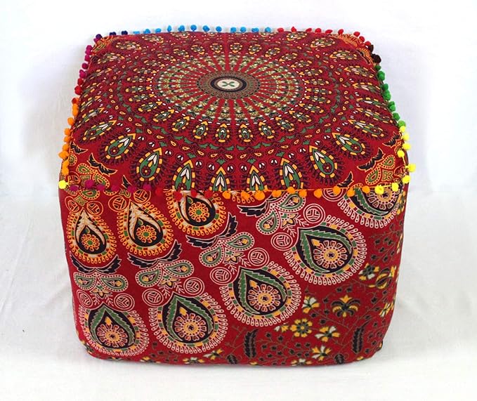 CRAFT KALA Large Hippie Mandala Meditation Floor Ottoman Pillow Cushion Pouf Cover Square Poufs Cover Bohemian Circle Floor Cushion Case Outdoor Fireplace Living Room Decor 16X16X14 inches, Red Mirchi