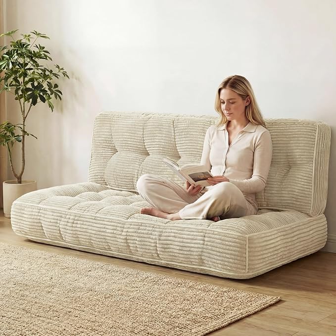 63 Inch Folding Sofa Bed Convertible Chair, 2-in-1 Convertible Boneless Sofa Floor Cushions Couch Mattress Oversized Corduroy Upholstered Sleeper Chair for Living Room Guest Apartment(Beige)