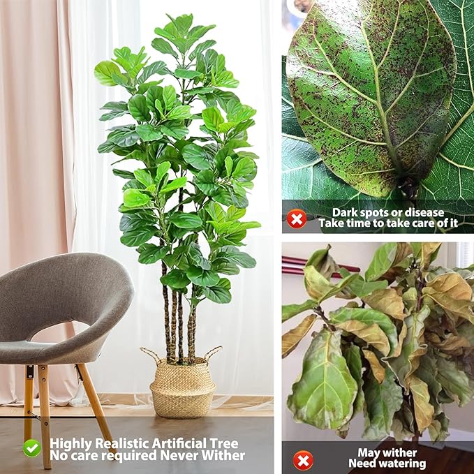 7ft Artificial Fiddle Leaf Fig Tree with Woven Seagrass Plant Basket, Fake Tree Indoor Faux Plant for Living Room Office Floor Home Decor (84 in)