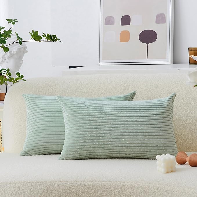 Home Brilliant Sage Green Lumbar Spring Pillow Cover Corduroy Plush Velvet Oblong Decorative Rectangle Pillowcases for Bed Couch Sofa St Patricks Day Decor, Set of 2, 12 x 20 inches(30x50cm), Mint