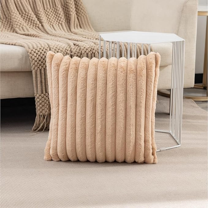 ZLINA Set of 2 Apricot Faux Fur Decorative Throw Pillow Covers Fluffy Striped Pillowcase Cushion Covers 16 x 16 Inch Decor Sofa Couch Bedroom