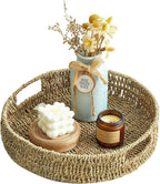 13 inch Round Wicker Tray, Hand-Woven Rattan Serving Trays with Handles for Snack Drinks Coffee Table Tray, Seagrass 1Pack