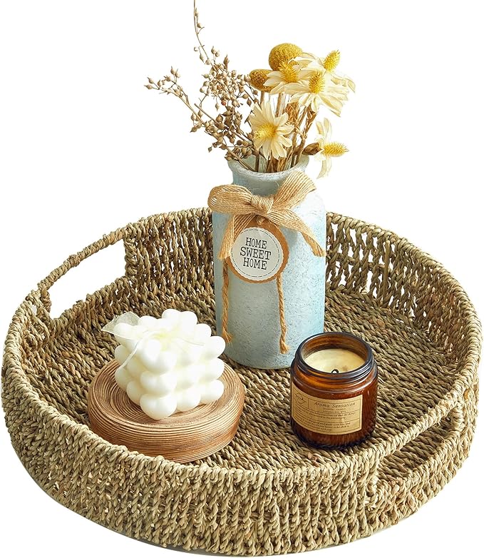 13 inch Round Wicker Tray, Hand-Woven Rattan Serving Trays with Handles for Snack Drinks Coffee Table Tray, Seagrass 1Pack