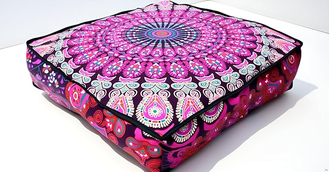 INDIAN CRAFT CASTLE 24" Pink Peacock Mandala Barmeri Large Floor Pillow Cover Cushion Meditation Seating Ottoman Throw Cover Hippie Decorative Zipped Bohemian Pouf Ottoman Pom Pom Cases 24" Square