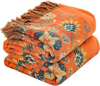 Throw Blankets Queen Size for Bed Couch,100% Cotton Soft Lightweight Blanket Rustic Quilt -Orange Floral Printed Farmhouse Decor Bed All Season Blankets,80"×90"