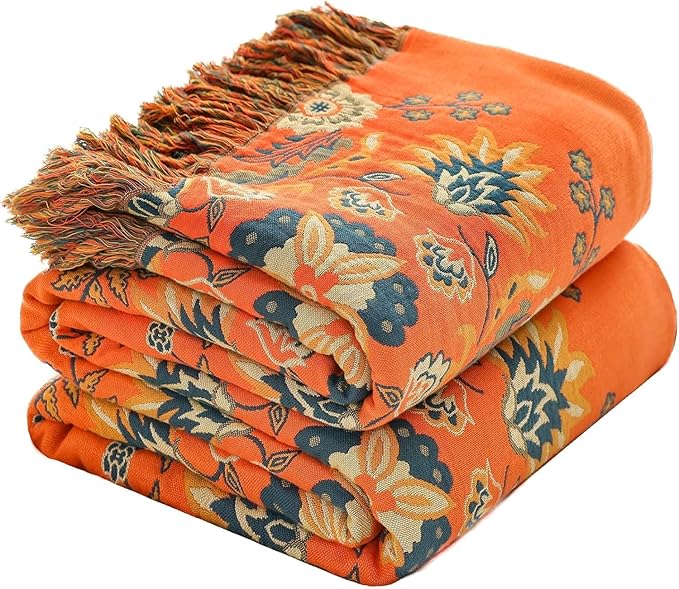 King Throw Blanket for Bed Couch,100% Organic Cotton Reversible Soft Quilt, Orange Floral Breathable Lightweight Blankets,90"×108" Extra Large Sofa Throws for 3 4 Seater with Tassels,Teal