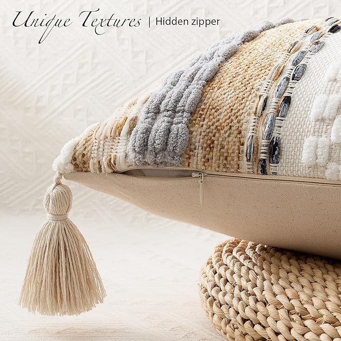 Kevin Textile 12x24 Inch Spring Lumbar Throw Pillow Cover 1 Pack Boho Decorative Soft Chenille Thread Woven Tufted Textured Rectangle Cushion Case Accent for Living Room Couch Sofa Bed, Beige