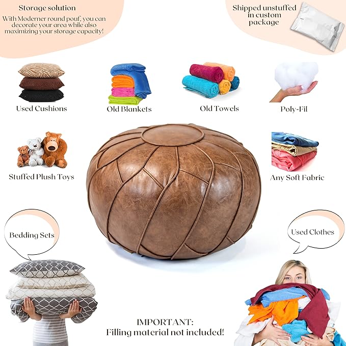Moderner Faux Leather Pouf Unstuffed Ottoman Moroccan Footstool, Floor Footrest Cushion, Storage Solution - Natural Brown Color (Mocha, Round)