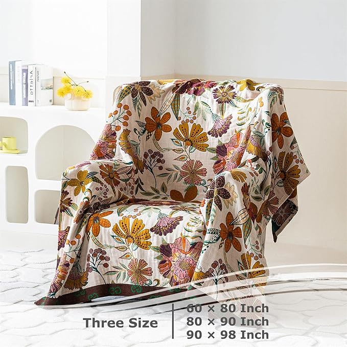 Boho Throw Blanket for Bed 100% Cotton Soft Breathable Quilt Floral Leaves Embroidery Home Decor Reversible Bed Spring Blankets,60"x80" All Season Twin Blankets for Sofa Couch Chair