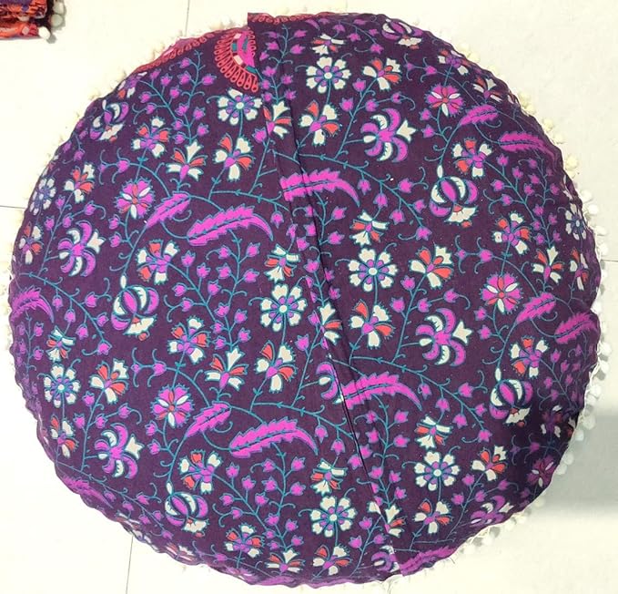 CRAFT KALA Mandala Floor Pillow Cushion Cover Seating Throw Cover Hippie Decorative Bohemian Ottoman Pouf Pom Pom Pillow Cases Boho Indian Cotton Living Room Home Décor 24" Round Set Of 2 Pink Peacock