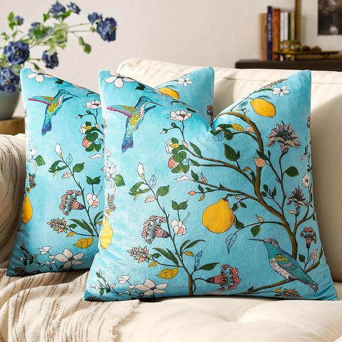 MUSSEL Light Blue Floral Pillow Covers 18x18 Set of 2, Velvet Wild Flower Plant Throw Pillows Case, Square Farmhouse Decor Cushion Covers for Home Sofa Bed Couch