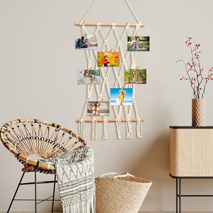 Hanging Photo Display Wall Decor Macrame Wall Hanging Boho Collage Picture Frames Decor for Dorm Bedroom Living Room Teen Girl Gifts-B