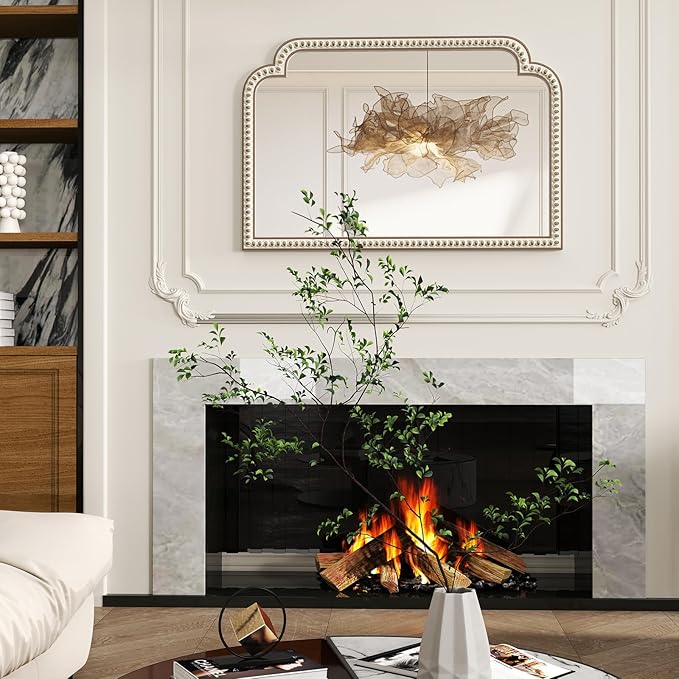 36x24 Inch Farmhouse Beaded Arched Wooden Wall Mirror, Boho Decorative Mirrors for Living Room, Bedroom, Entryway, Fireplace