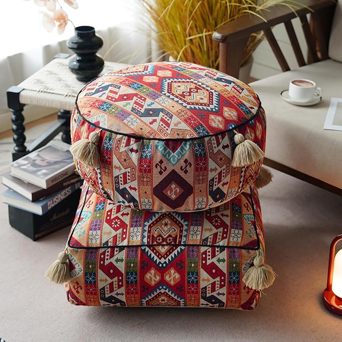 Boho Unstuffed Pouf Cover Ottoman Footrest Indian Mexcian Foot Stool Floor Bean Bag Floor Chair Storage for Living Room Bedroom Decor (Boho Red, Round)