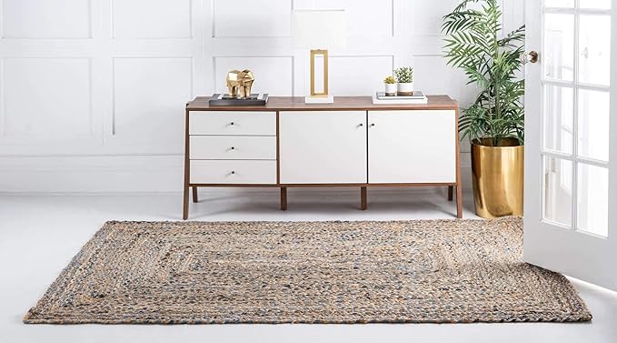 Unique Loom Braided Chindi Collection Casual Modern Blue/Tan Area Rug (10' 0 x 13' 0)
