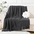 BATTILO HOME Dark Grey Throw Blanket for Couch, Knit Charcoal Throw Blanket Versatile for Chair, 60 x 80 Inch - Super Soft Warm Grey Blanket with Tassels for Bed, Sofa and Living Room