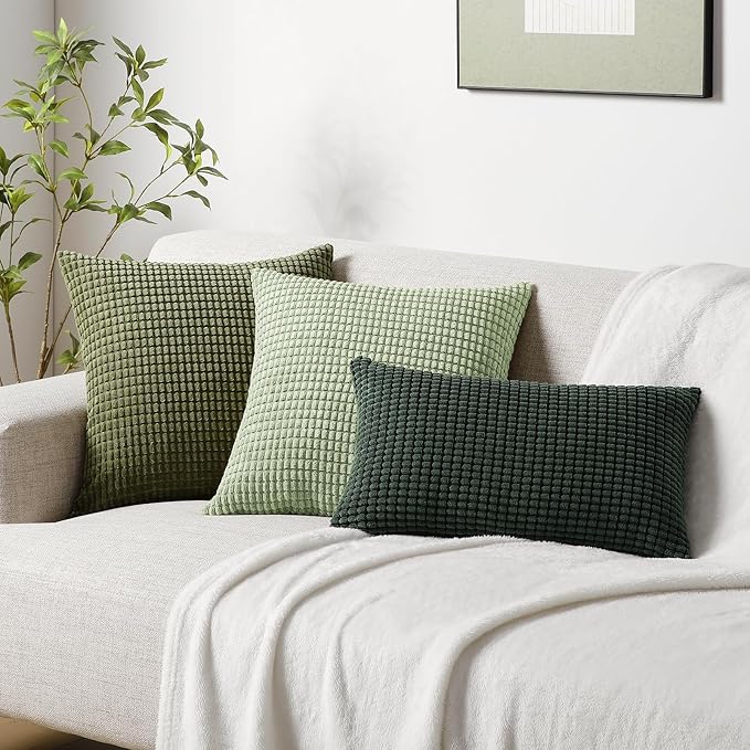Softalker Throw Pillow Covers 20x20 Inch, Set of 2, Soft Corduroy Boho Stripe Decorative Pillow Cover, Couch Fluffy Pillow Cover for Farmhouse Home Decor Bed Living Room, Sage Green