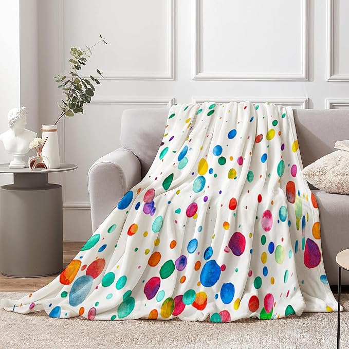 Kids Colorful Throw Blanket, Rainbow Polka Dot Funny Bright Blanket for Bed Sofa Travel and Camping Flannel Blanket Gift, Super Soft Cozy Fluffy Plush Blanket for All Seasons, 50" x 60"
