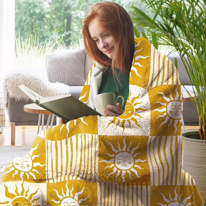 Boho Sun Face Flannel Throw Blanket, Bohemia Sunshine Yellow Birthday Gifts for Kids Men Women, Sunny Plaid Check Stripes Soft Blankets for Bedding Sofa 50" x 60"