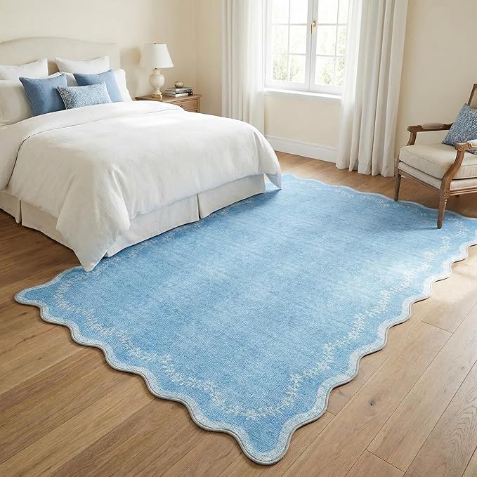 GarveeHome 6x9 Scalloped Area Rug Blue Washable Rugs for Living Room Bedroom, Soft Low Pile Non Slip Accent Floor Mat Solid Floral Print Throw Rug Farmhouse Indoor Carpet for Dorm Playroom