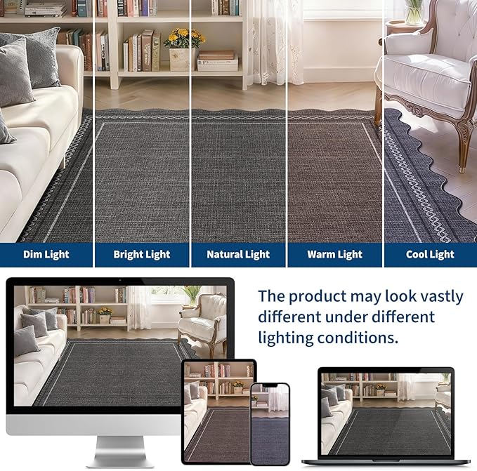 Garvee Scalloped Washable Rug 5x7 Area Rugs for Living Room Non Slip Throw Rugs Bedroom Rugs Boho Low Pile Soft Non Shedding Stain Resistant Carpet for Dining Room Nursery Office 5'x7' Dark Grey