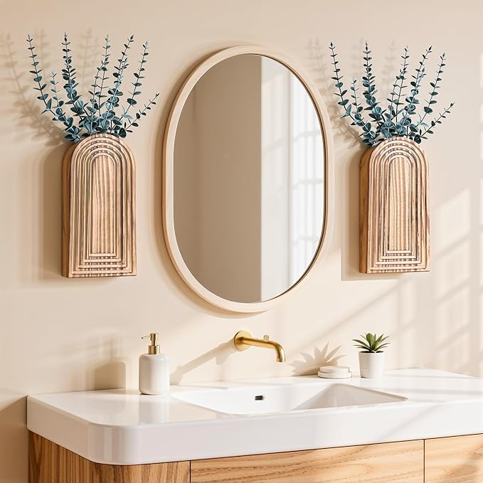 DREAMLOOM 2 Pack Wooden Wall Vases with Eucalyptus Artificial Plants, Wall Hanging Planters Boho Modern Farmhouse Indoor for Narrow Spaces Entryway Bathroom Home Office Decoration, Black