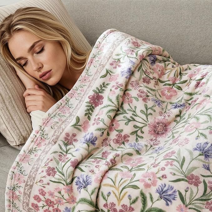 Lahome Floral Fleece Blanket for Women Girls Dorm Boho Decor, Small Throw Blanket for Couch Bed Chair Cover, Decorative Fleece Blanket Throws Mom Gift Spring Home Decor,Flower Purple 50x60