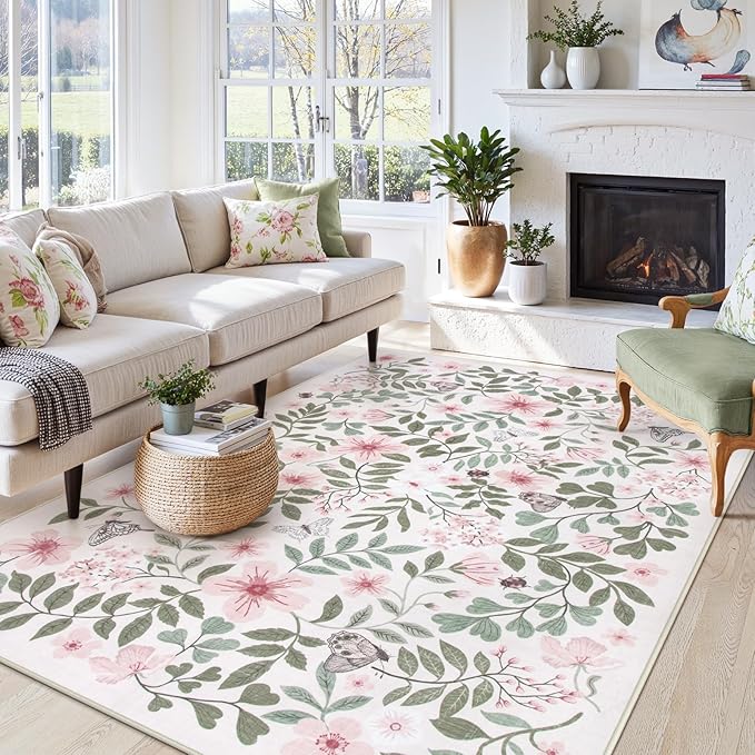 Lahome Reverie 8x10 Pink Floral Rug for Nursery & Girls Room, Washable Carpet for Boho Pink Home Decor, Non-Slip Carpet for Playroom, Toddler Retreat, Apartment Living Space