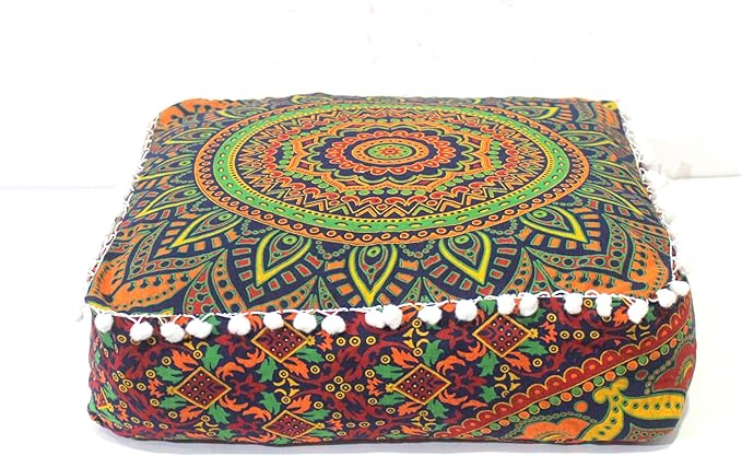 CRAFT KALA Large Hippie Mandala Meditation Floor Ottoman Pillow Cushion Pouf Cover Square Poufs Bohemian Circle Floor Cushion Case Outdoor Fireplace Yoga Living Room Decor Cover New Blue, 18" Square
